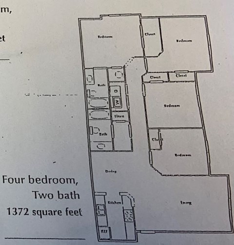 Floor plan for 4 beds, 2 baths, 1372 sqft